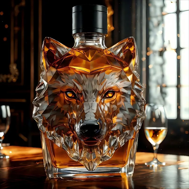Glass Decanter Whiskey - Hoog borosilicaat glazen wolfkopfles creatief gevormde